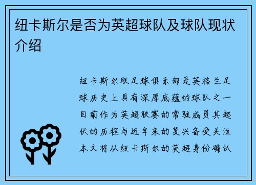 纽卡斯尔是否为英超球队及球队现状介绍